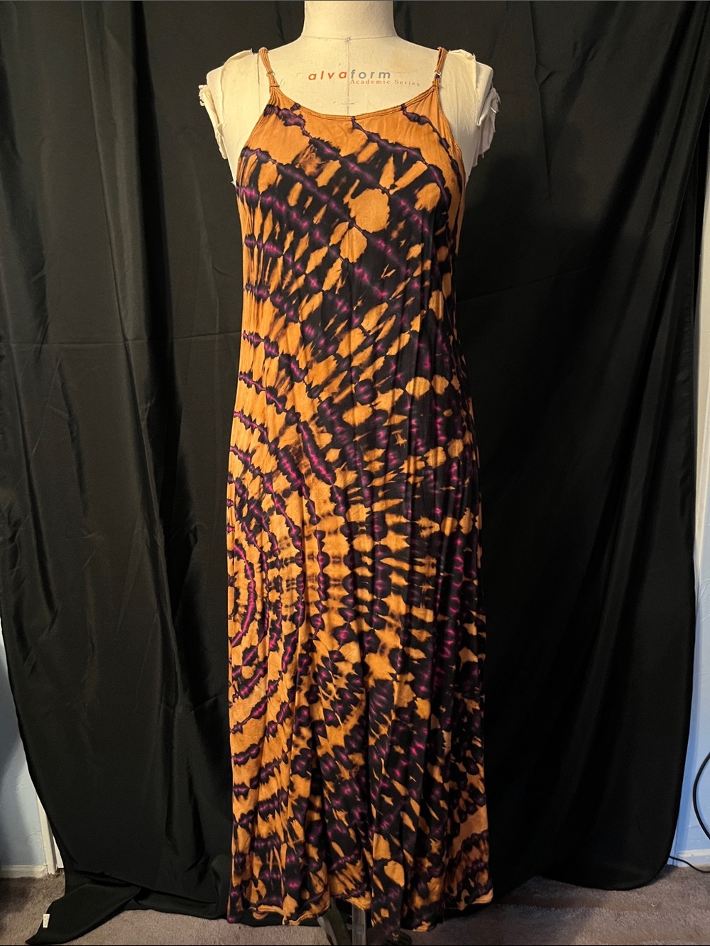 Tie-Dye Spaghetti Strap Maxi Dress in Orange, Black & Purple